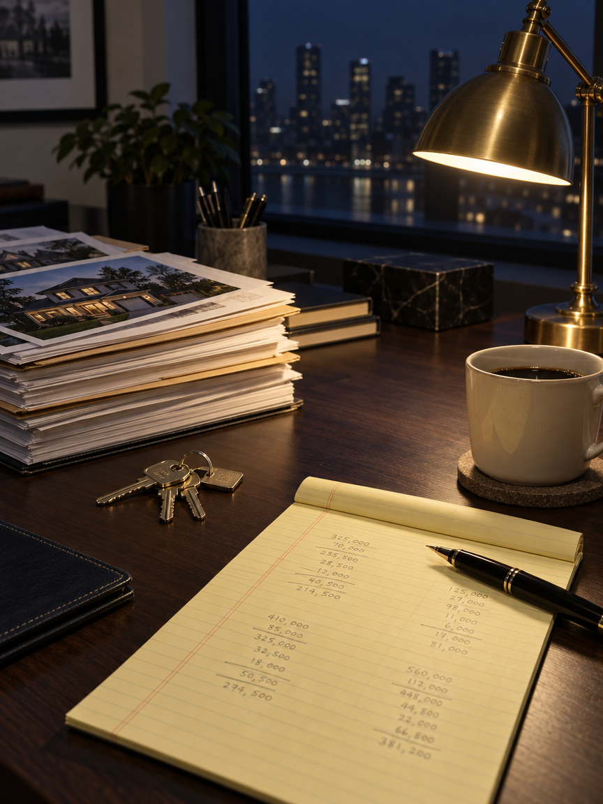 A deal desk at night with files, keys, and a legal pad