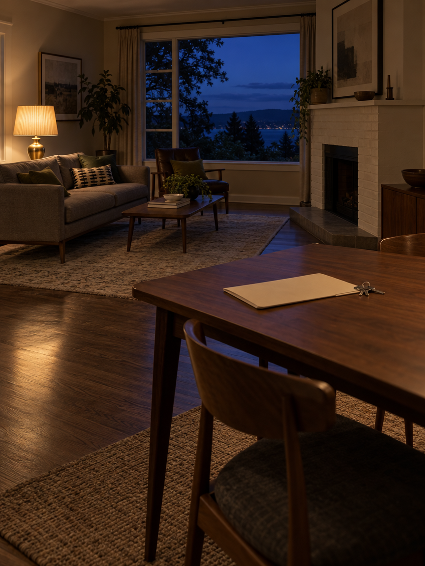 Keys on a table in a quiet living room at dusk