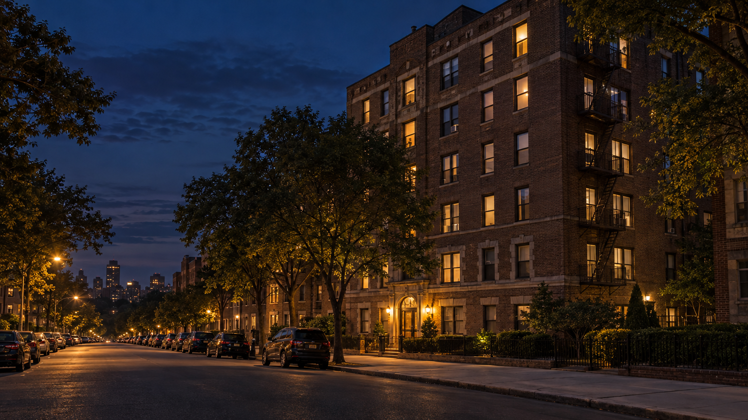 A Bronx residential street at dusk